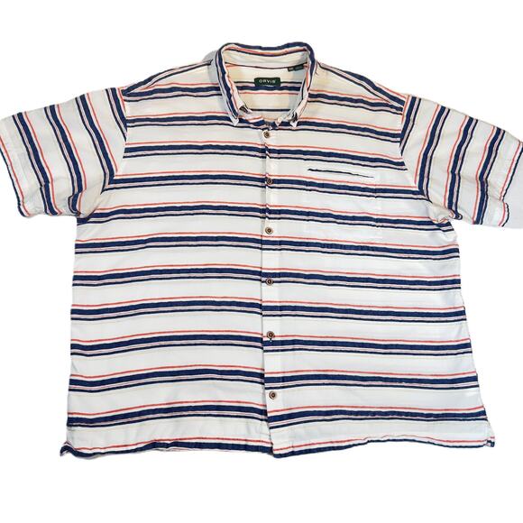 Orvis Button Shirt Men's XXL White Blue Orange Stripe Short Sleeve Linen Feel - Picture 1 of 12